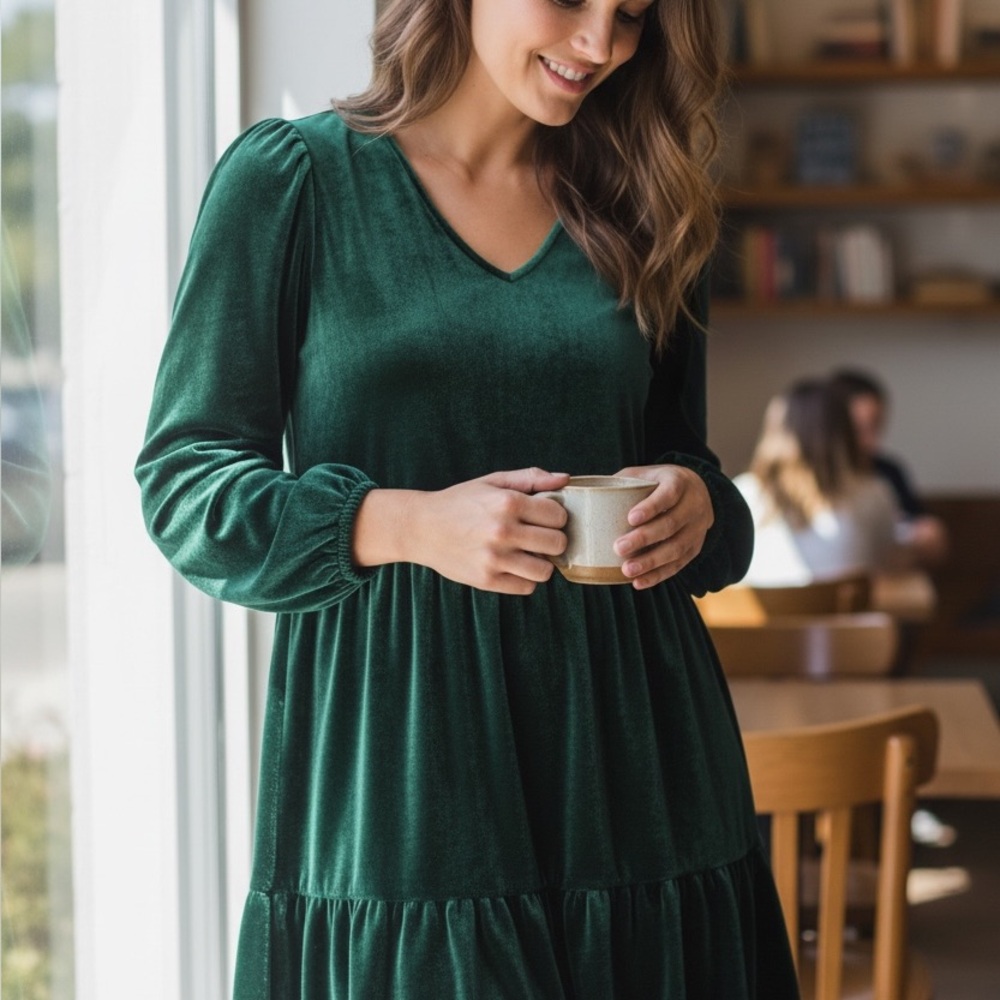 52seven Forest Green Tiered Ruffled Velvet Dress Knee Length Long Sleeves